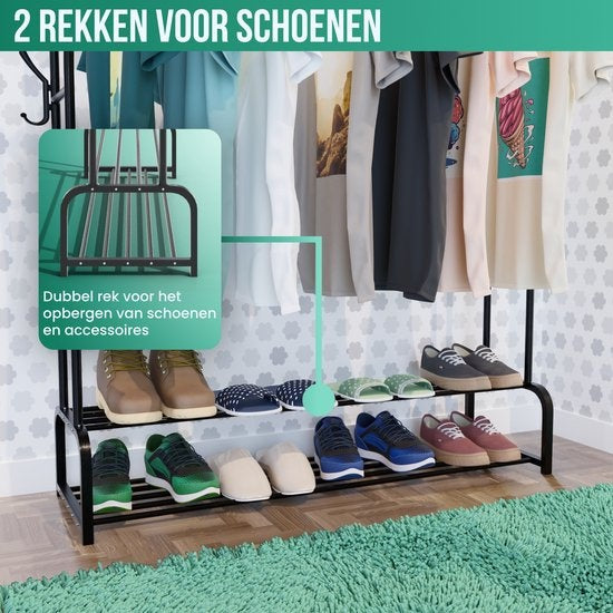 Avalo Industrial Clothes Rack Double Rod - Metal - 110x33x150 CM - Black - Storage For Shoes - Wardrobe Rack With Hooks
