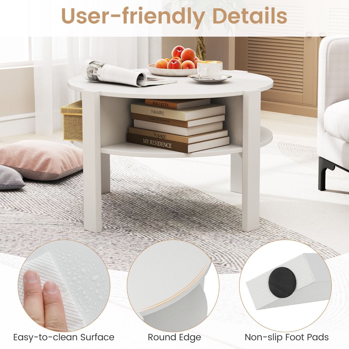 Table basse ronde Coast - avec espace de rangement - 4 étagères - blanche 74,5 x 74,5 x 45,5 cm