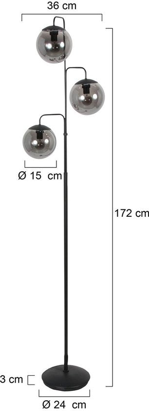 Lampadaire Bollique 4611ZW de Steinhauer - Élégant modèle en métal noir avec 3 boules en verre fumé, hauteur 173 cm, pied rond de 40 cm, idéal pour un usage intérieur