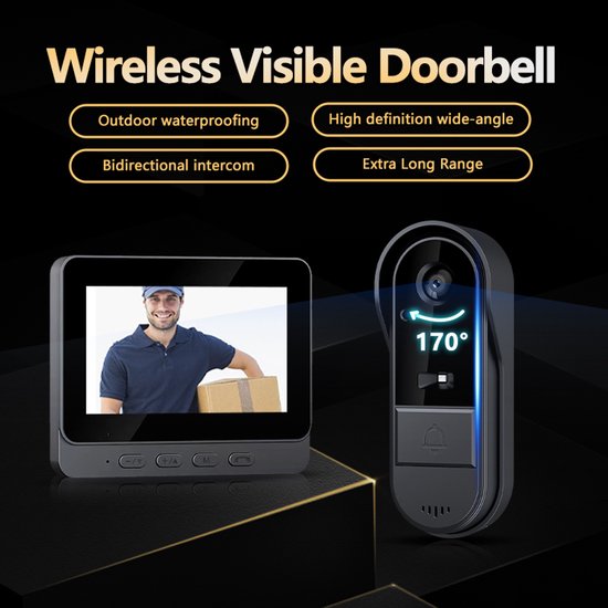 Fuegobird M15S - Kits de sonnettes sans fil avec carte Micro-SD de 32 Go - Sonnette vidéo intelligente - avec écran de 4,3 pouces - Étanche IP65 - Caméra HD avec grand angle de 170° et vision nocturne - Noir