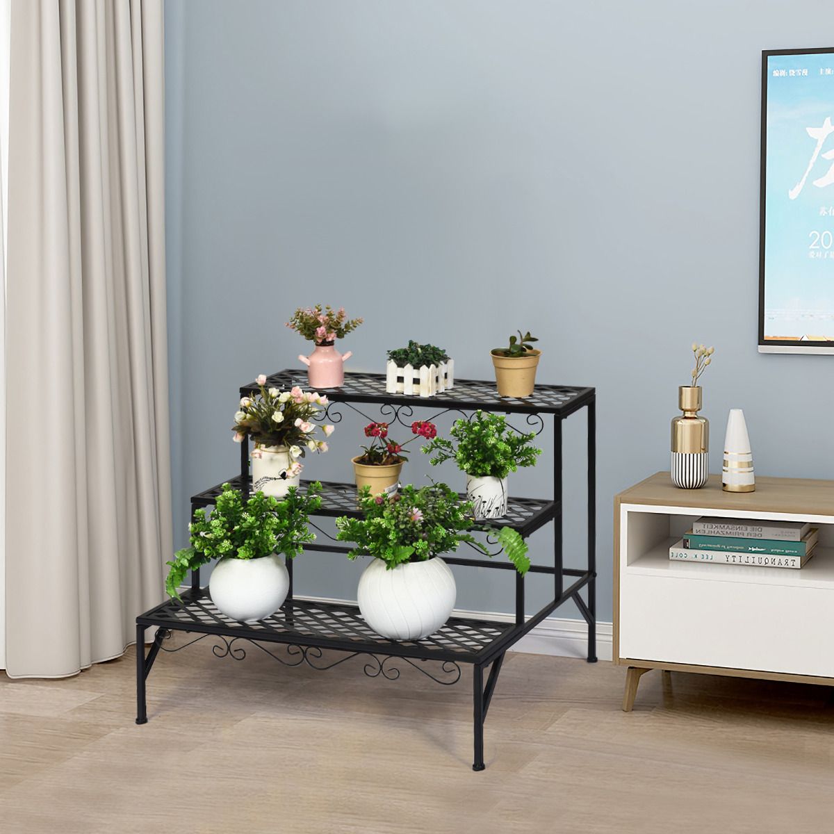 Étagère à plantes Coast à trois niveaux - Support à fleurs en métal - Étagère à plantes sur pied - Noir - 70 x 60 x 60,5 cm
