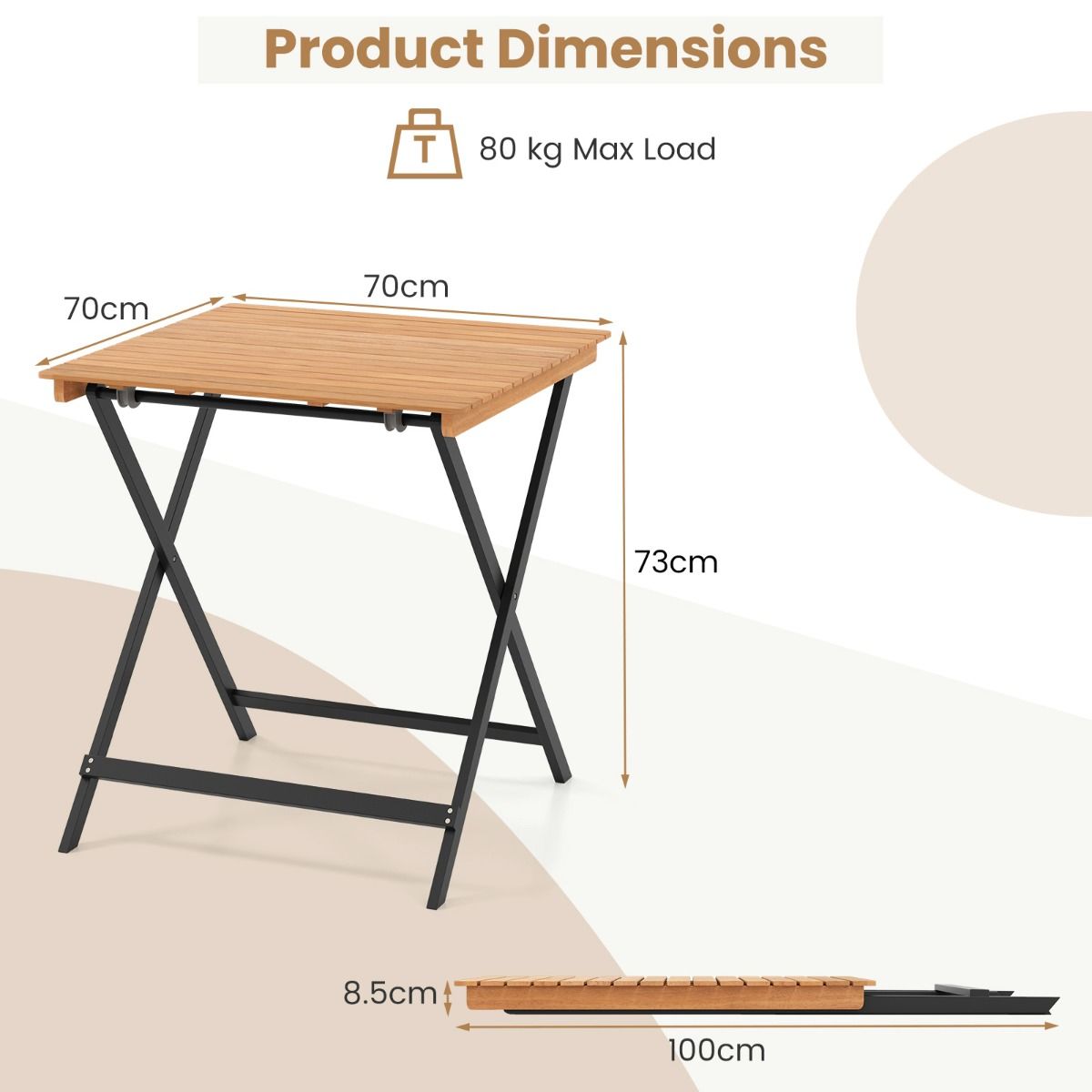 Table d'appoint pliable Coast - Structure en X - Bois d'acacia - Naturel et noir - 70 x 70 x 73 cm