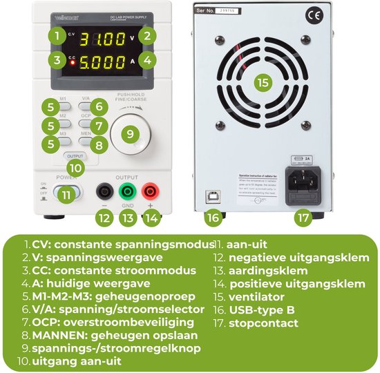 Alimentation de laboratoire Velleman, programmable via PC, réglable, 0-30 VDC/5 A, limitation de courant, protection contre les courts-circuits, deux affichages LED à 4 chiffres, connexion USB