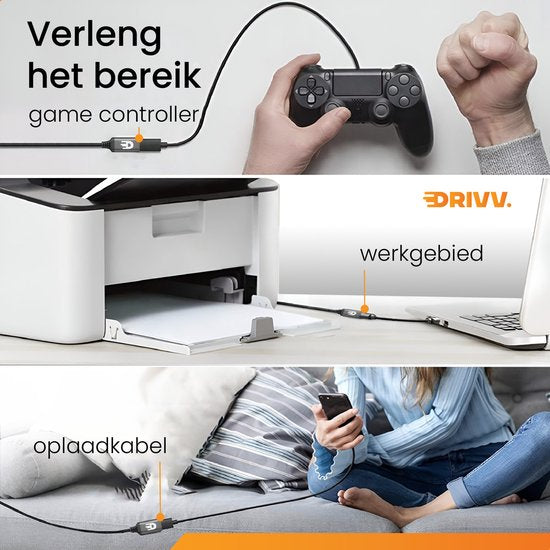 Drivv. Premium USB Extension Cable 3.0 - Male to Female - USB Data Cable - Fast Transfer - 5Gbps - Nylon - 5 Metres - Black