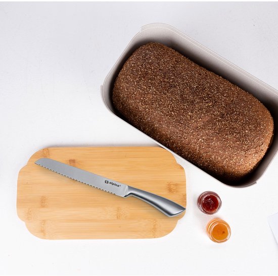 Boîte à pain Alpina 33 x 18,5 x 12 cm – Boîte à pain avec couvercle en bambou – Couvercle pouvant également servir de planche à découper – Format compact – Pour conserver le pain – Accessoire de cuisine