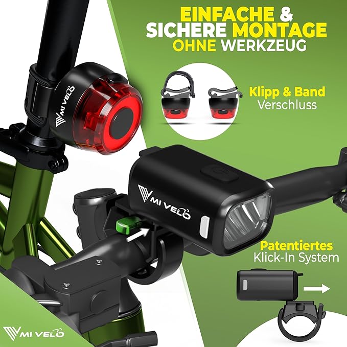 MIVELO Kit d'éclairage pour vélo - rechargeable par USB et étanche - 100 Lux - Smart One