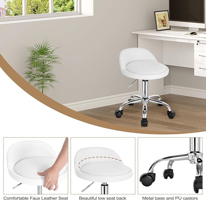 WOLTU Tabouret de bureau - à roulettes - réglable - dossier bas - cuir synthétique - blanc