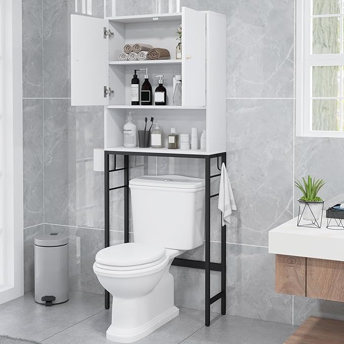COSTWAY Armoire de toilette indépendante - avec compartiments de rangement, portes et crochets - 63 x 23 x 165,5 cm - blanc