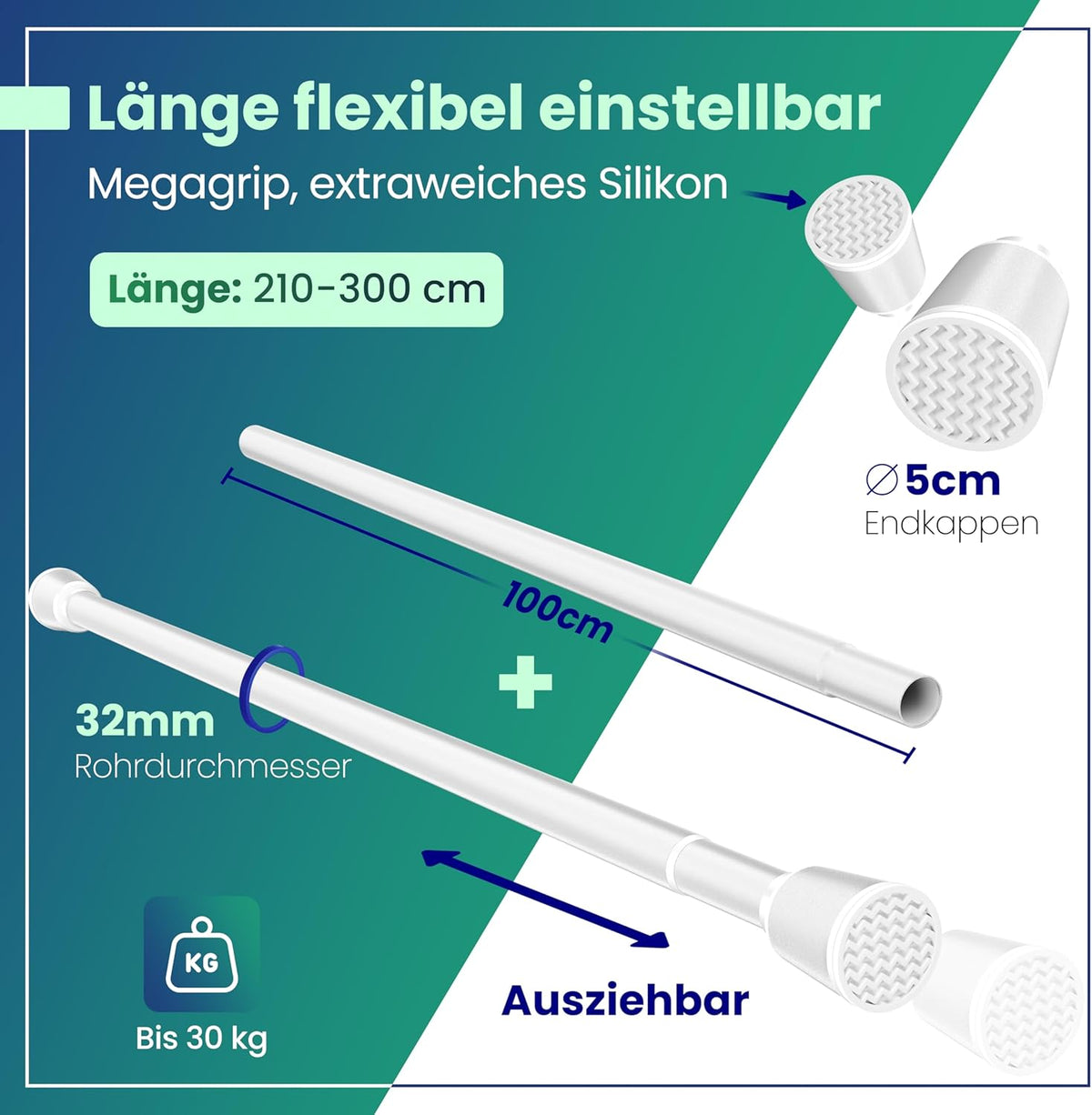 LOBUX® - Tringle à rideau sans perçage [blanc, 210-300cm] - tringle télescopique extension de rideau - tringle de douche sans perçage - tringle à rideau, tringle à rideau de douche, tringle à linge, tringle de serrage filet de chat
