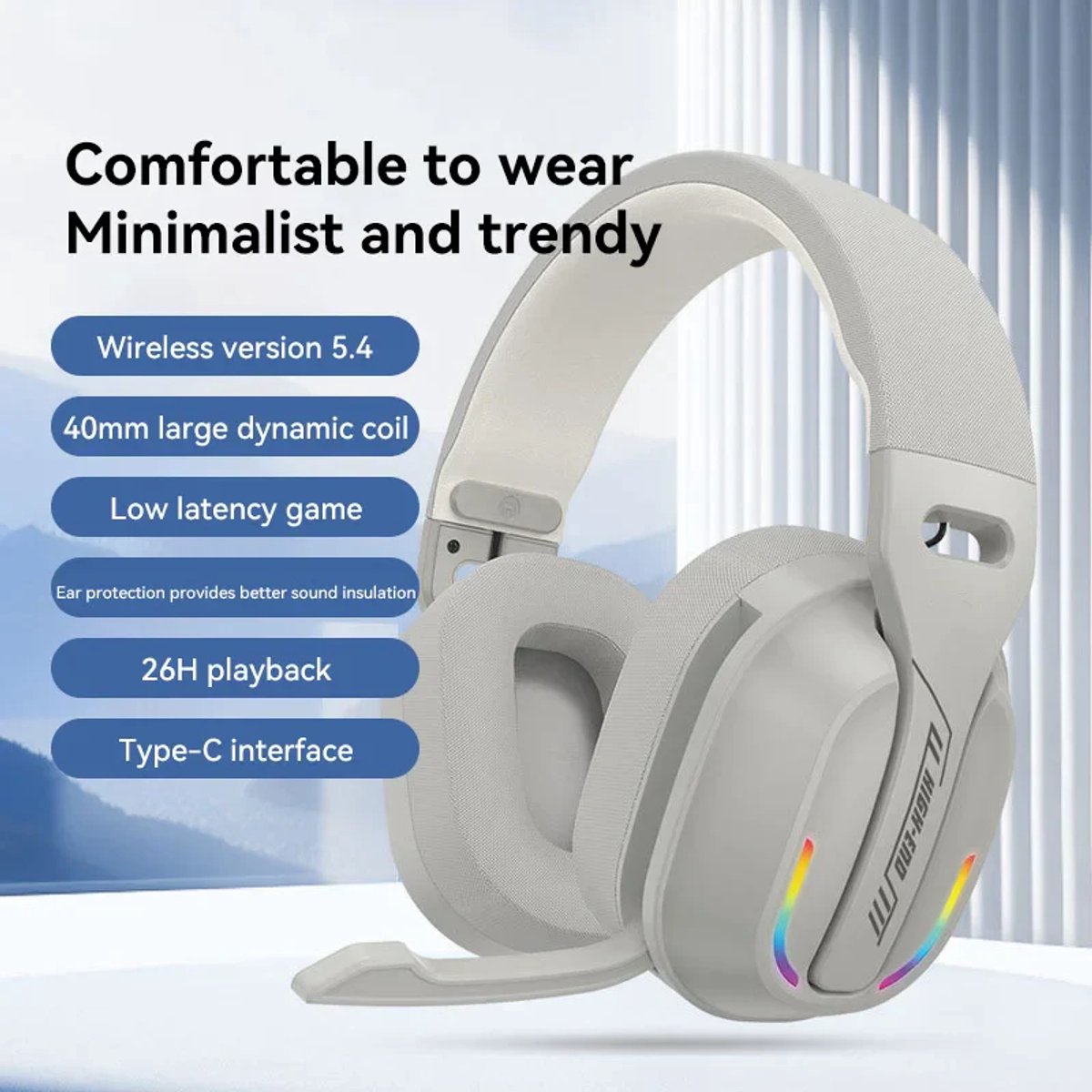 Casque de jeu sans fil Ntech B500 avec micro - Bluetooth 5.4 et 2,4 GHz - RGB - Blanc