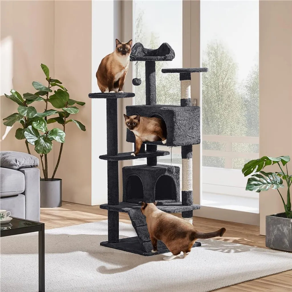 Yaheetech Poste à griffer pour chat 139 cm de haut - 3 plateformes d'observation - 2 enclos confortables pour chat - Noir