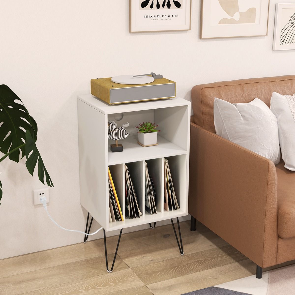 Support pour platine vinyle Coast - Table de rangement pour vinyles à 3 étages - avec station de recharge - blanc
