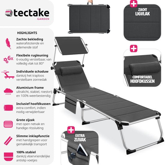 tectake® - chaise longue rembourrée, pliable - gris - 220 x 60,5 x 34 cm, avec poche latérale
