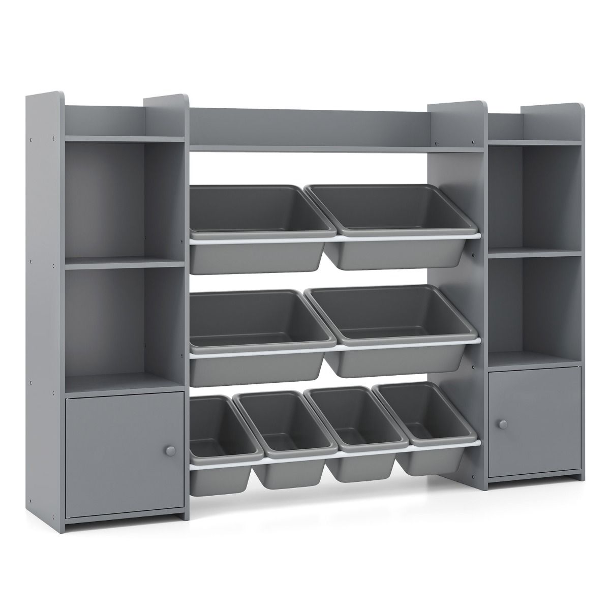Armoire à jouets Coast à 4 niveaux - 8 bacs amovibles - étagère à livres - gris