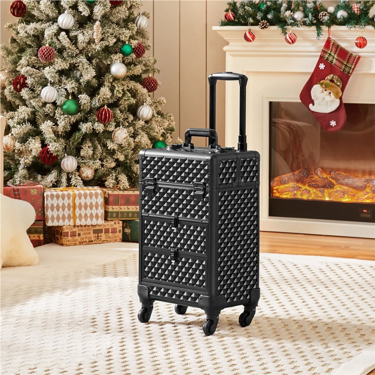 Yaheetech Valise de maquillage à roulettes - 2 tiroirs, poignée extractible et décoration en forme de diamant - Pour esthéticiennes et prothésistes ongulaires - Métal noir et MDF - 34,5 x 24,5 x 58 cm