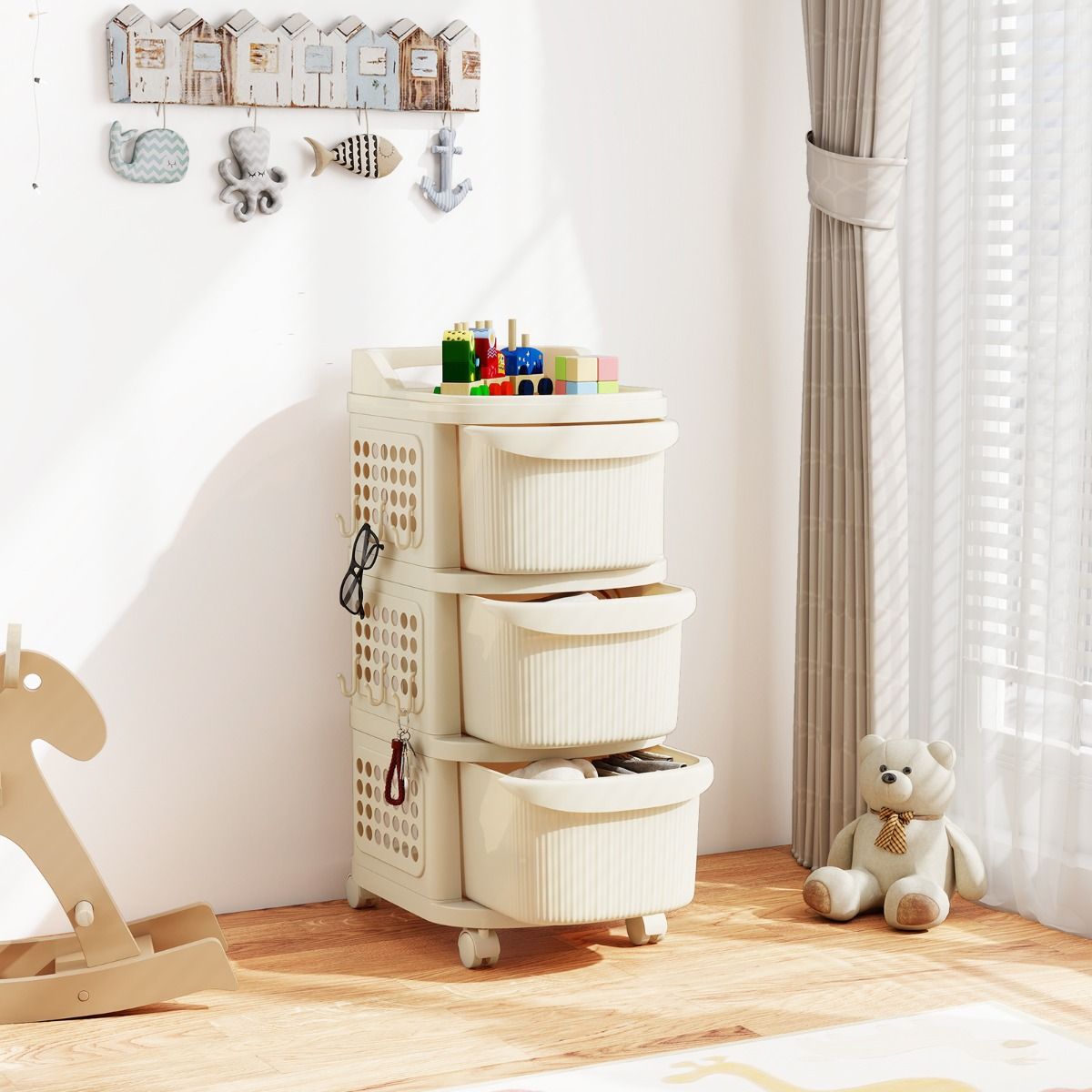 Chariot de rangement Coast sur roulettes - 3 tiroirs - Avec crochets - Blanc 38 x 32 x 68 cm