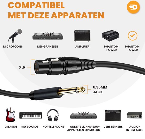 Drivv. Premium XLR Cable - XLR femelle vers jack 6,35 mm mâle - Jack stéréo - 5 mètres