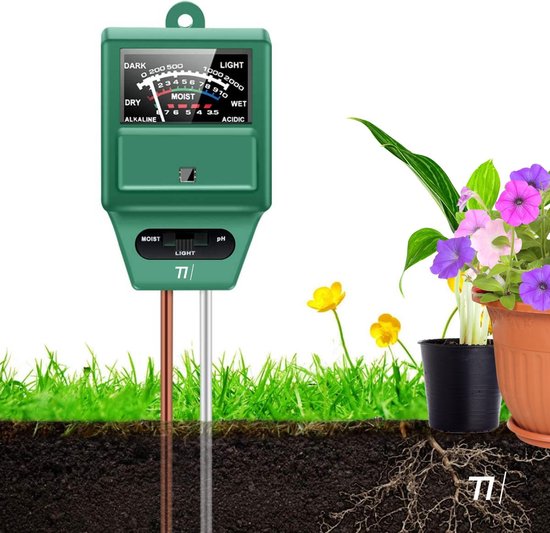 TIKKENS® Humidimètre de sol Plantes - Humidimètre pour plantes - pH et photomètre - 3 en 1 - Fleurs/Plantes - Analyses de sol de jardin - Humidimètres
