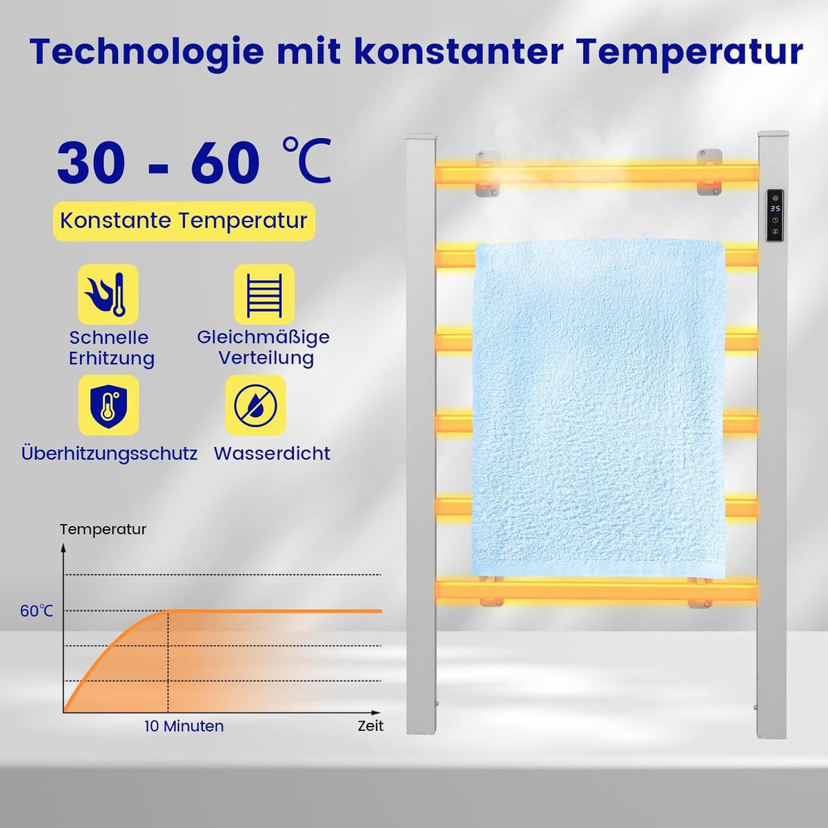 Chauffe-serviettes - Coast - électrique - avec télécommande et minuterie - 30° - 60°C - 54 x 35 x 91 cm - argenté