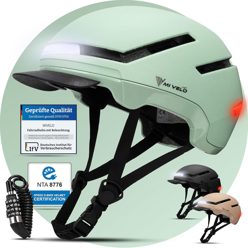Mivelo Casque de vélo unisexe NOVA - Avec lumière - Certifié NTA jusqu'à 45km/h - Menthe - Taille L (57-61 cm)
