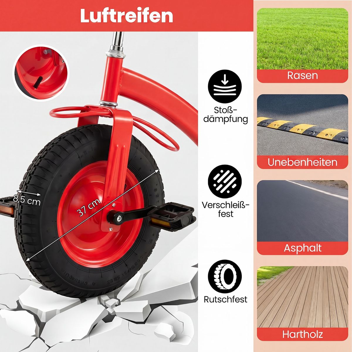 Tricycle pour enfants Coast avec guidon et selle réglables - avec remorque - rouge