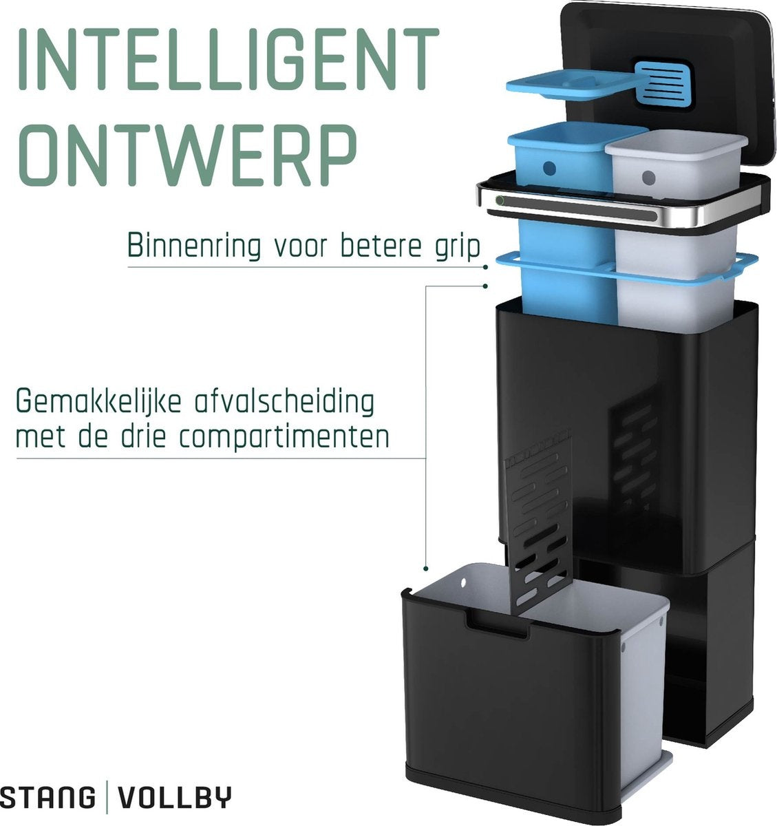 StangVollby Poubelle automatique avec capteur - fermeture automatique douce - Poubelle tri sélectif -4 compartiments - 4 compartiments -Acier inoxydable - 60 L