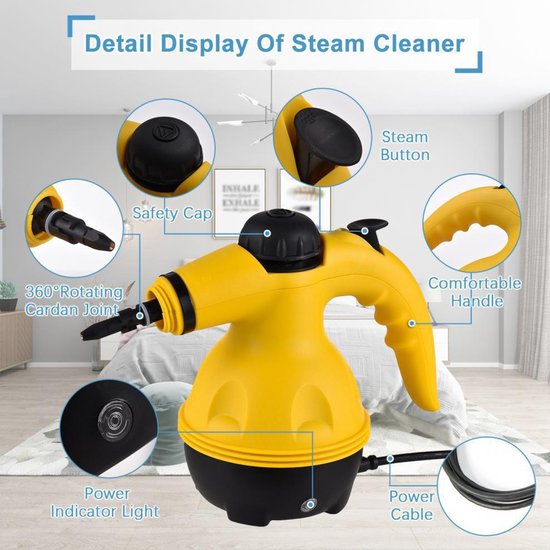Nettoyeurs vapeur portatifs Fuegobird A001 - Nettoyeur vapeur portable 1 000 W - Détachant - Nettoyeur de tapis - 9 embouts - Sols, canapés, tapis, salle de bains et cuisine - Réservoir de 450 ml - Jaune