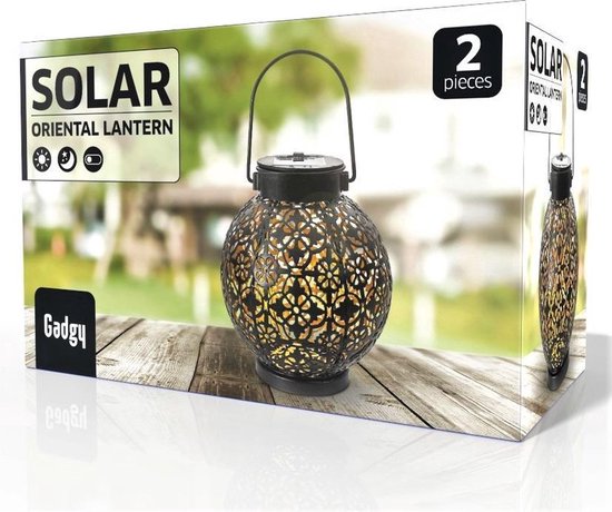 Gadgy Solar Lantaarn Rond - Tafellamp Set van 2 - Solar Tuinverlichting op Zonneenergie - Led Buitenverlichting met dag/nacht Sensor - Hanglamp - Tuinlantaarn Metaal - 15.5xØ13.5CM - Zwart