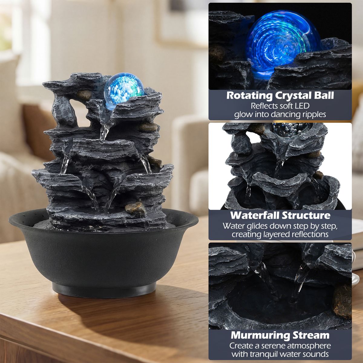 Fontaine de table Coast - Cascade effet rocher - Éclairage LED - Noir - 21,5 x 26 cm