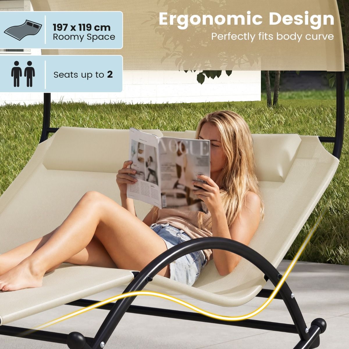 Fauteuil à bascule double Coast - avec auvent - coussins inclus - beige/gris/noir/marron
