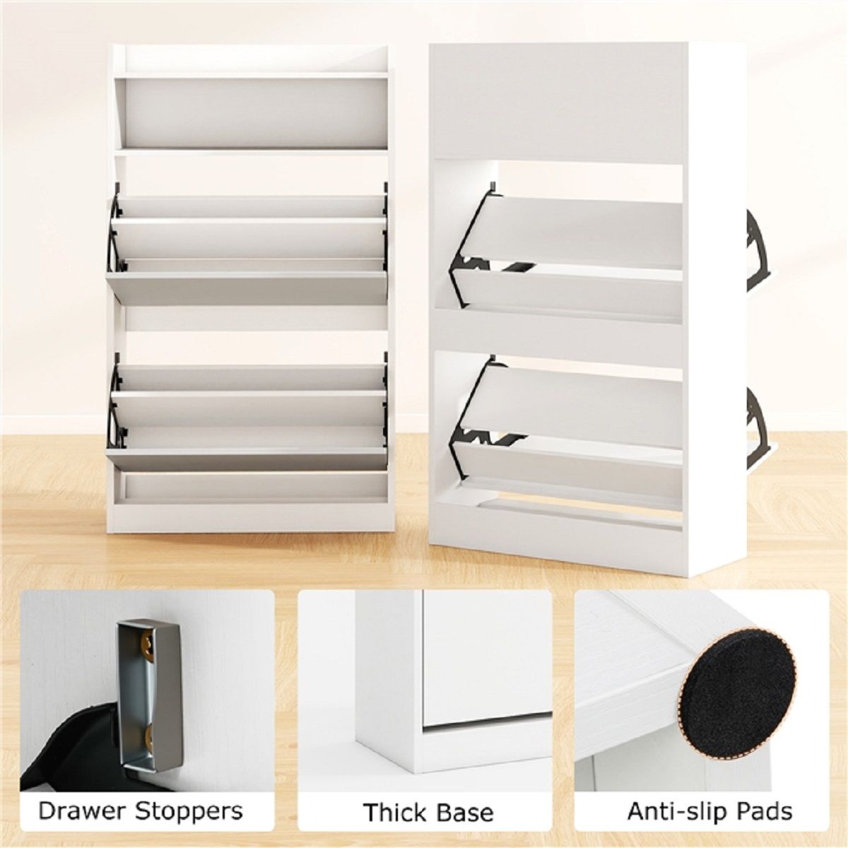 Armoire à chaussures Coast - 2 compartiments rabattables - design élancé et peu encombrant - blanc/aspect bois rustique