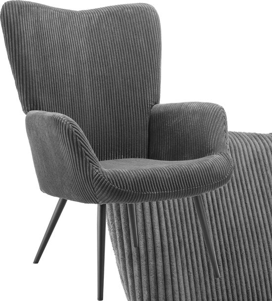 tectake® Fauteuil à oreilles de style scandinave - Velours côtelé Hygge - Chaise de salon, chambre à coucher - Chaise longue - Pieds en métal noir - Capacité jusqu'à 150 kg - Gris