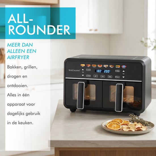 Friteuse à air chaud double XXL 11 L - Friteuse à air chaud sans PFAS - Infrarouge - Double zone - 2 x 5,5 L - 40–200 °C - 8 programmes de cuisson - 2 850 W - WM-2511 AF - Noir