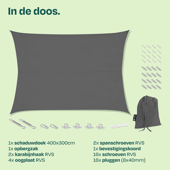 Toile d'ombrage VONROC rectangulaire - 400 x 300 cm - grise - hydrofuge - protection UV UPF 50+ - kit de fixation en acier inoxydable inclus