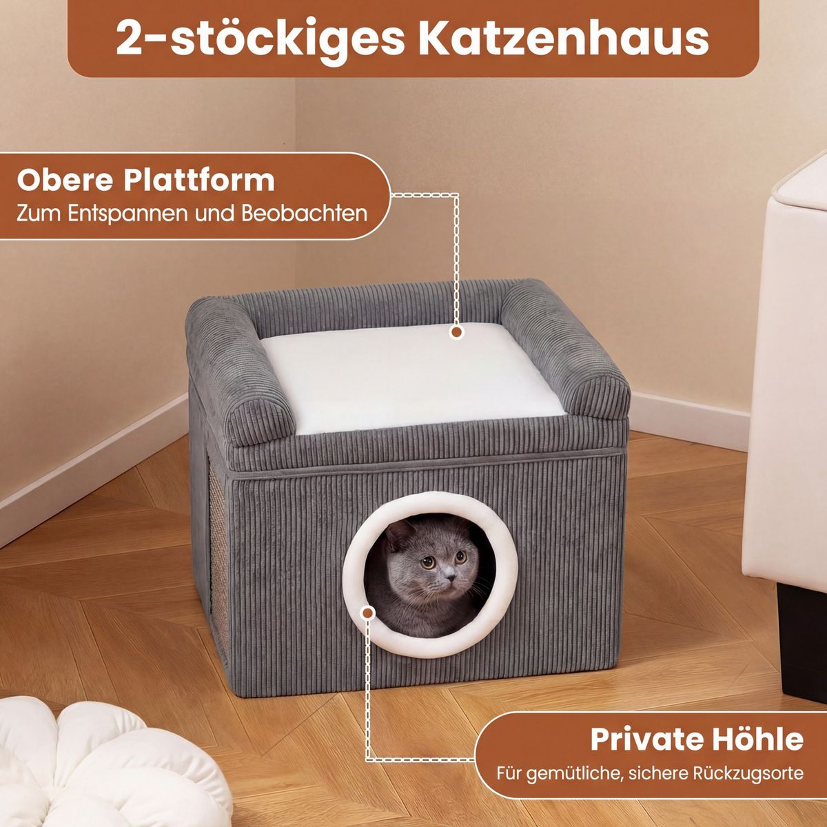 Maison pliable pour chat Coast - avec tapis à griffer en sisal - coussin moelleux et bords surélevés - gris