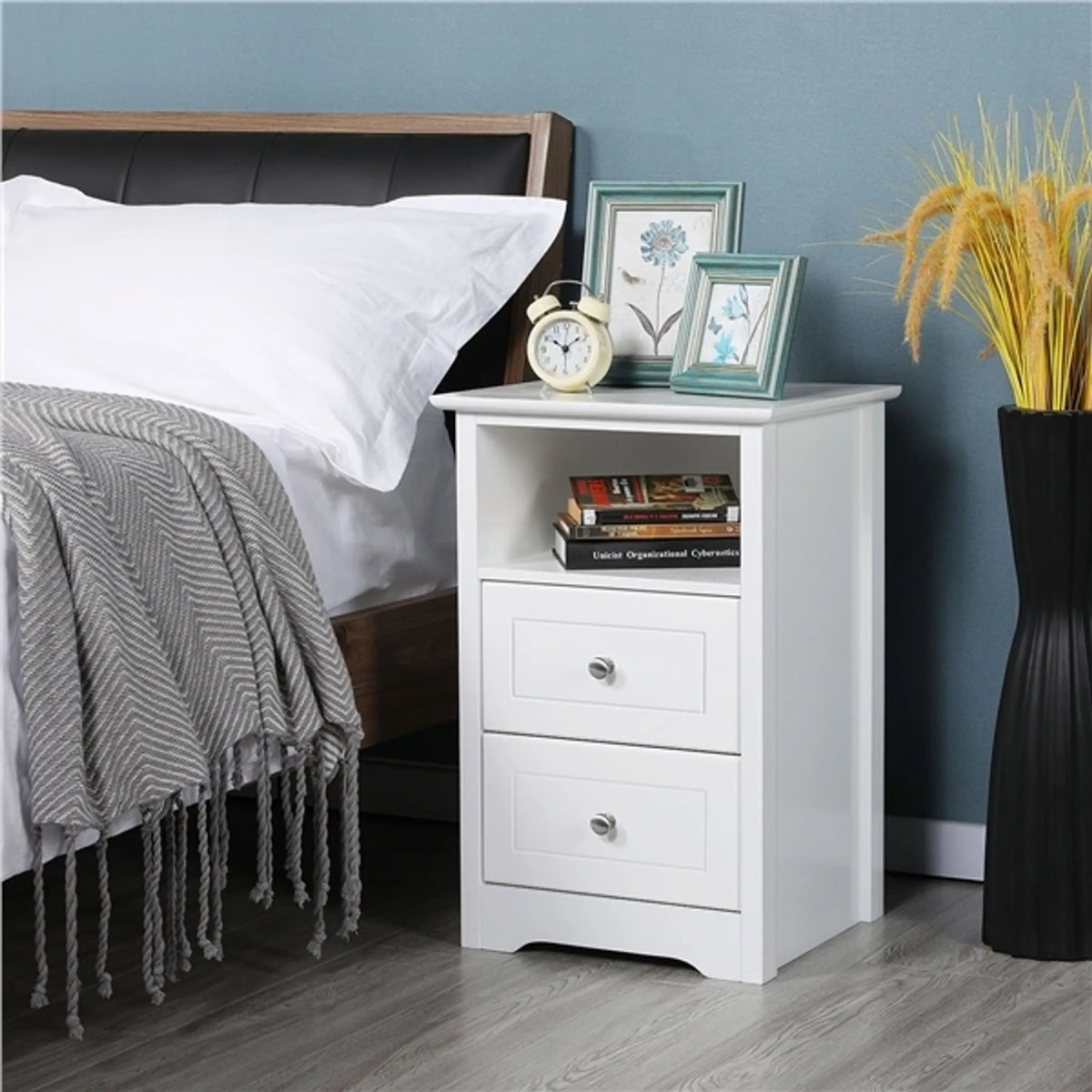 Yaheetech Table de chevet avec 2 tiroirs - 40 x 35 x 60 cm - avec rangement ouvert, design minimaliste et guides lisses - pour chambre à coucher et salon - MDF E1 blanc