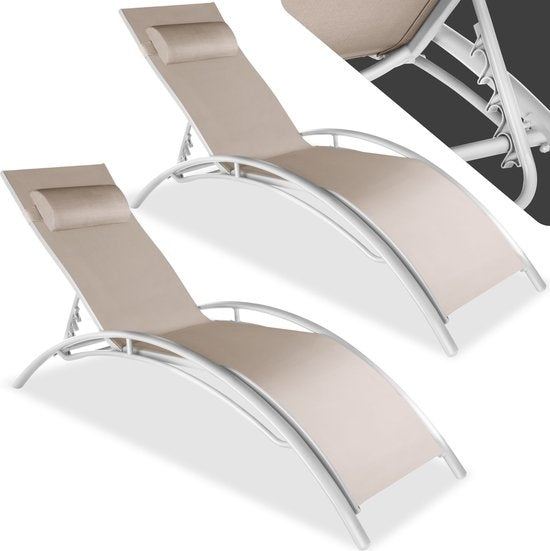 tectake® set de 2 chaises longues de jardin - chaises longues en aluminium - résistantes aux intempéries - idéales pour le jardin - balcon - terrasse - avec coussin de tête - dossier réglable en 5 directions - beige