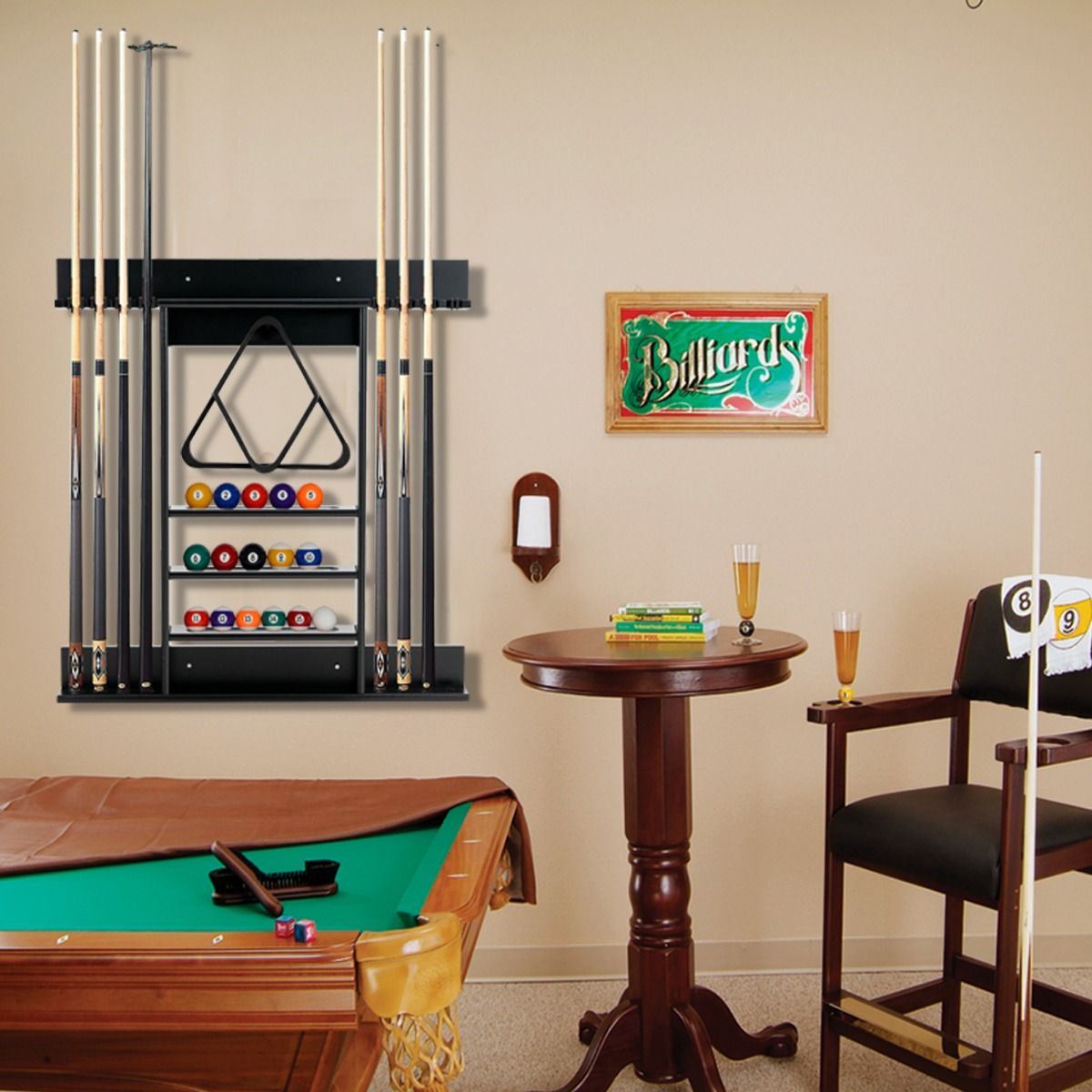 Porte-queues de billard Coast à fixation murale, en bois de pin noir – Pour 8 queues, 15 boules de billard et 1 support de boule – 79 x 8 x 91 cm
