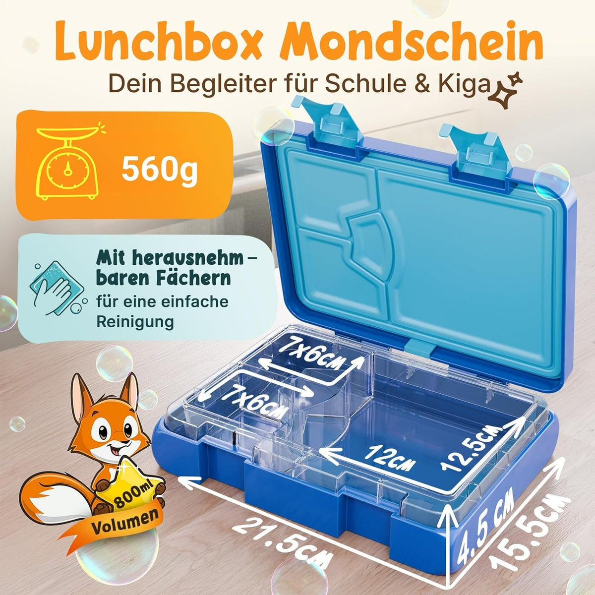 Funkelfuchs Moonlight Lunchbox - 800 ml - Avec compartiments - Bleu