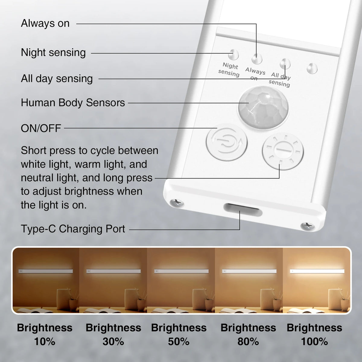 Arlgsite Kit d'éclairage LED pour placard, lot de 2 - 30 cm - Capteur PIR, rechargeable par USB