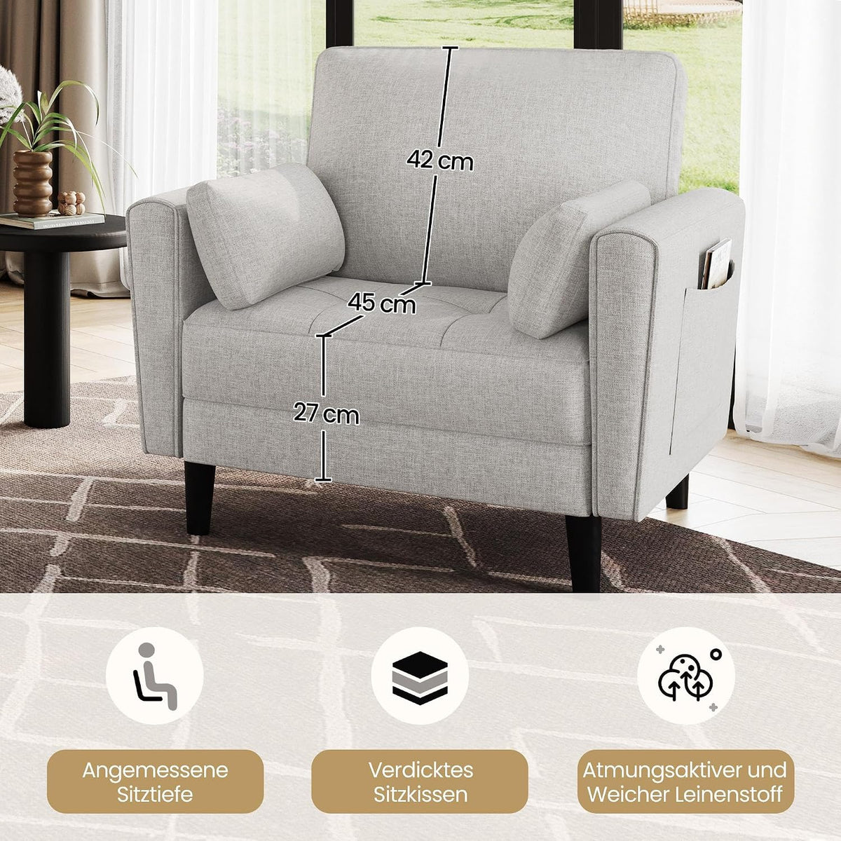 Canapé deux places Yaheetech en lin - Gris-beige - 102,5 x 75 x 85,5 cm - Avec 2 coussins et des poches latérales