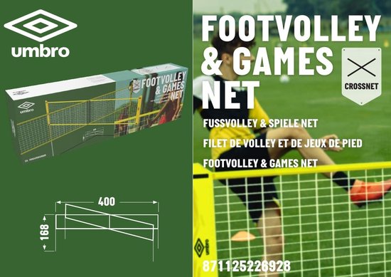 Umbro Sportnet - Kit de jeux - 168 x 400 cm - 4 compartiments - Filet de volley-ball - Badminton - Footvolley - Crossnet - Noir/Jaune