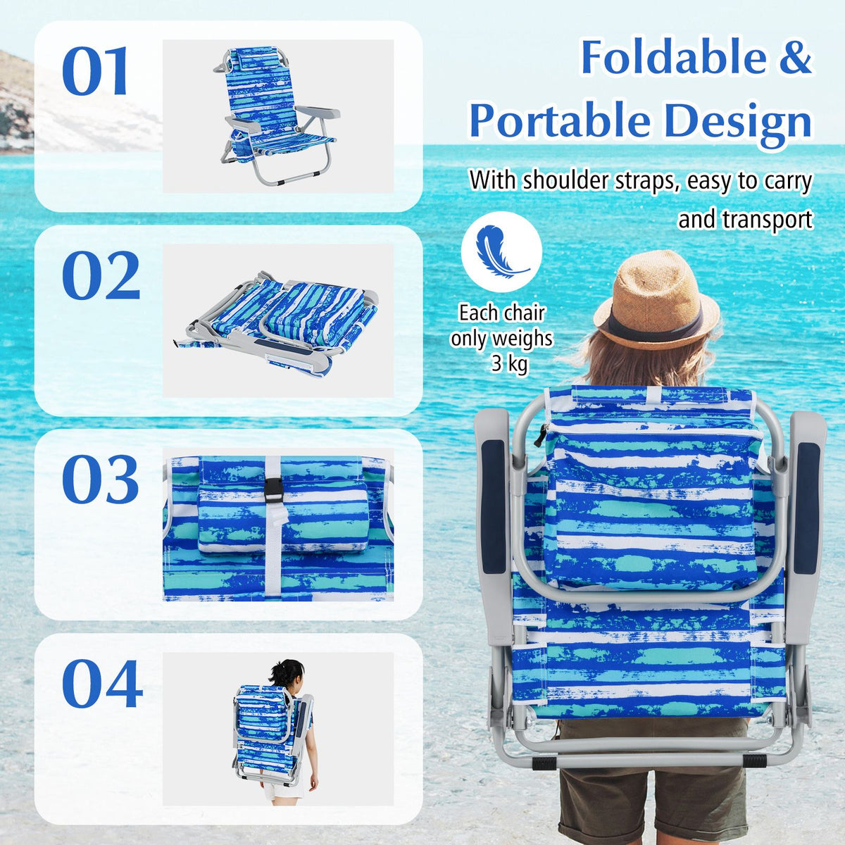 Chaise de plage pliable Coast - avec porte-gobelet et accoudoirs - 66 x 65 x 78 cm - Bleu