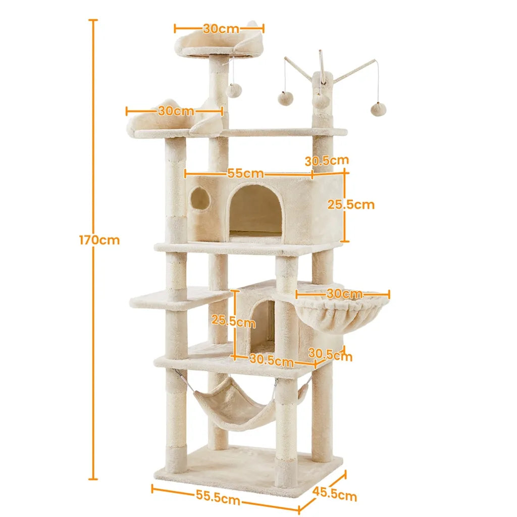Yaheetech Griffoir pour chat 170 cm de haut XL Arbre à grimper robuste pour chats - 2 plateformes d'observation - 2 enclos pour chats - Hamac - Plateforme de couchage - Beige