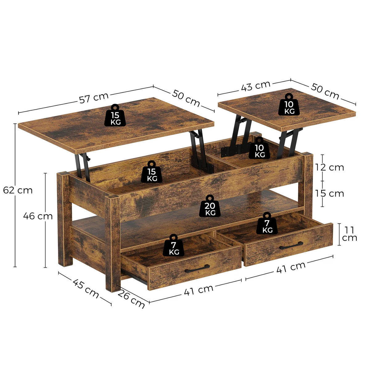 Table basse Rolanstar à hauteur réglable - Marron foncé - 100 x 50 x 48 cm - Avec tiroirs, espace de rangement