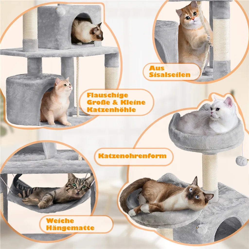 Arbre à chat Yaheetech 158 cm - Gris clair - Arbre à chat avec 2 grottes, un hamac et des poteaux en sisal