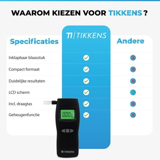 TIKKENS® Ethylotest numérique - Convient pour la France, les Pays-Bas, la Belgique, ... - Ethylotest - USB Rechargeable - Ethylotest - 10 embouts supplémentaires - Noir