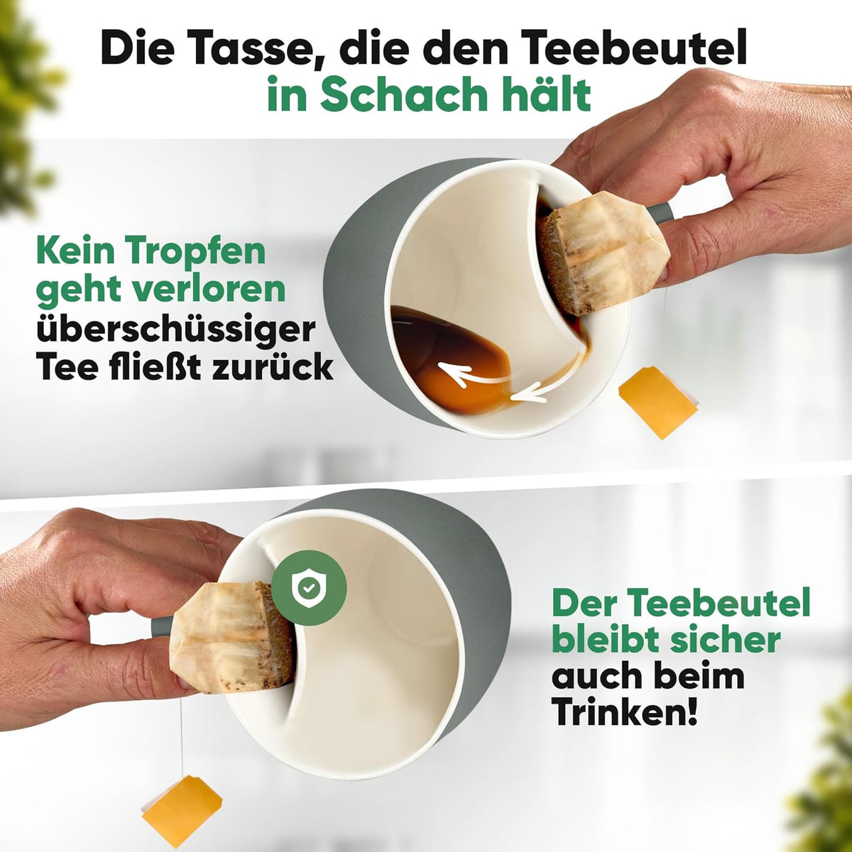 Neighbour's Friend Tasse à thé brevetée grise avec porte-sac I Tasse en céramique grande 325ml I Tasse à thé en faïence I Tasse en céramique pour le thé I Tasses à thé lavables au lave-vaisselle I Design moderne pour les buveurs de thé