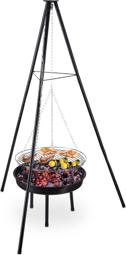 Trépied BBQ avec bol à feu - grille incluse - noir - Ø52 cm