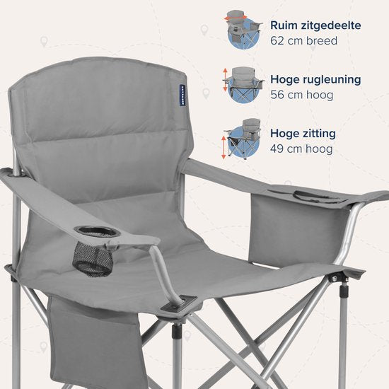 TRVLMORE Chaises de camping - Pliables - 2 pièces - Chaises pliantes - Capacité de charge de 150 kg - Porte-boissons - Compartiment réfrigérant - Poche latérale - Gris